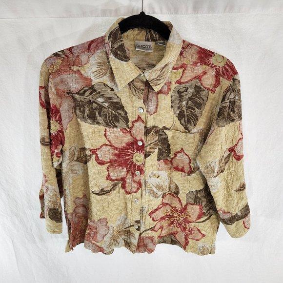 CHICO'S Floral Cardigan/Shirt Multicolor Size 1 (M)  3/4 Sleeves Button Up. - Picture 2 of 16